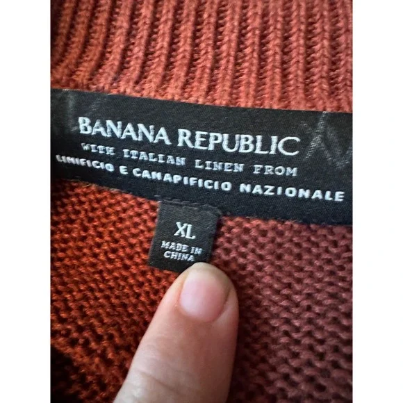 Banana Republic Italian Linen Shawl Collar Sweater XL Rust Orange Geometric Knit - Picture 3 of 7